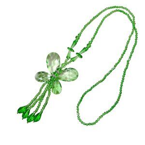 Green Glass Beaded Butterfly Necklace, Long Statement Tassel Necklace for Women